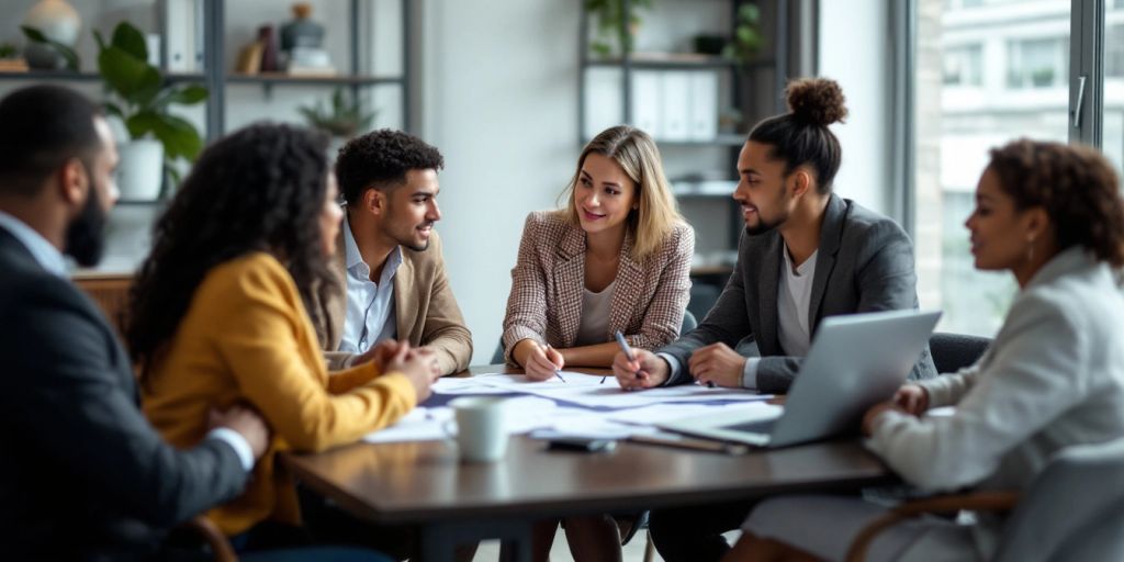 Group discussing loan terms at a conference table.