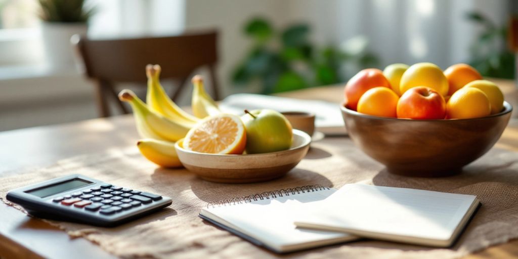 A dining table with a calculator and notebook.