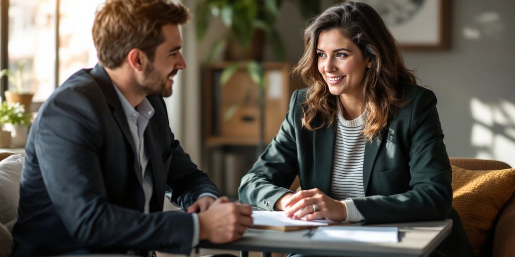 Client and lender discussing mortgage details in an office.