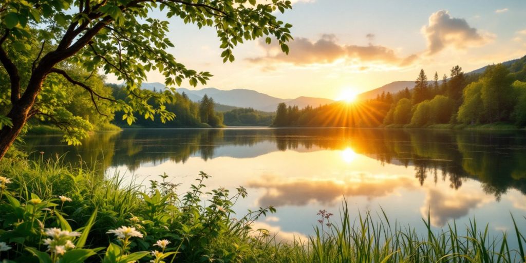 Sunrise over a lake with lush greenery for planning.