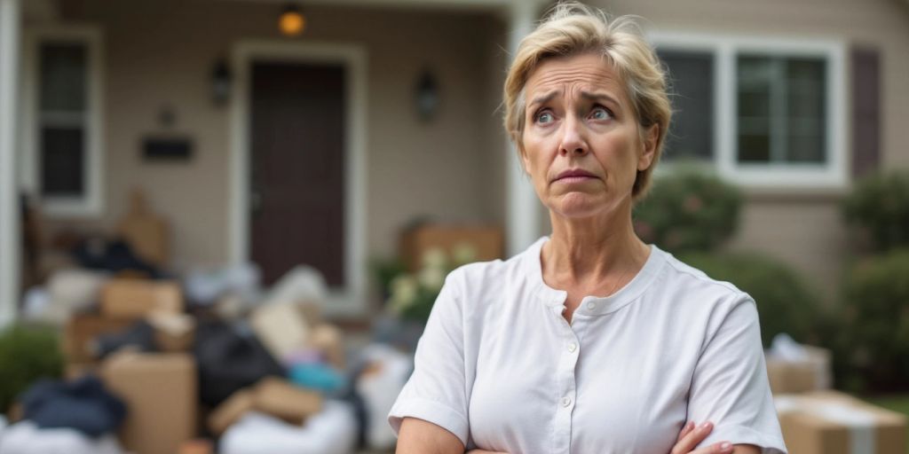 Distressed homeowner outside a house during foreclosure.